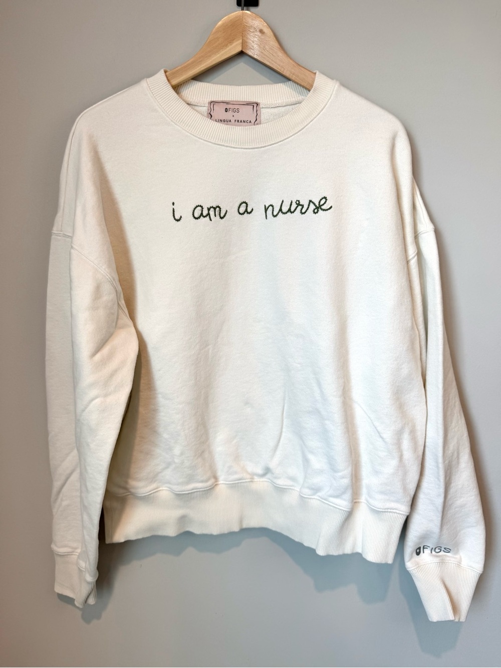 FIGS x Lingua Franca Cream "I Am a Nurse" Embroidered Crewneck Sweater